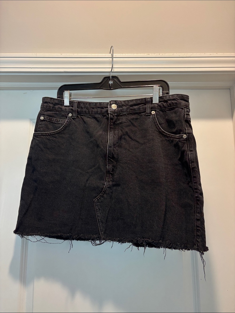 Topshop Black Denim Mini Skirt with Frayed Hem